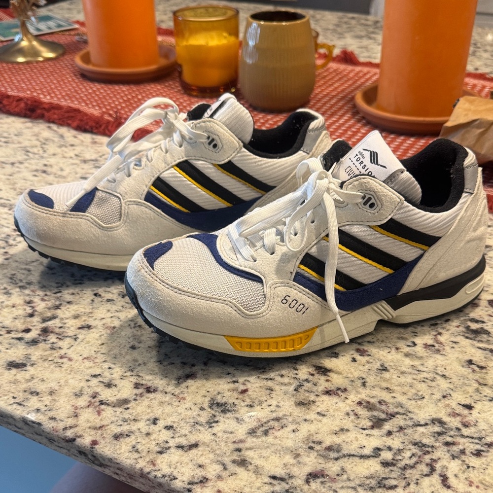 Adidas White and Navy Sneakers with Yellow Stripes